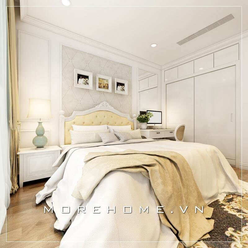 Mẫu giường ngủ bọc da đầu giường ấn tượng, khung giường được làm với chất liệu gỗ sồi nhập khẩu phun sơn trắng bệt cao cấp mang đến sự sang trọng và chắc chắn trong quá trình sử dụng